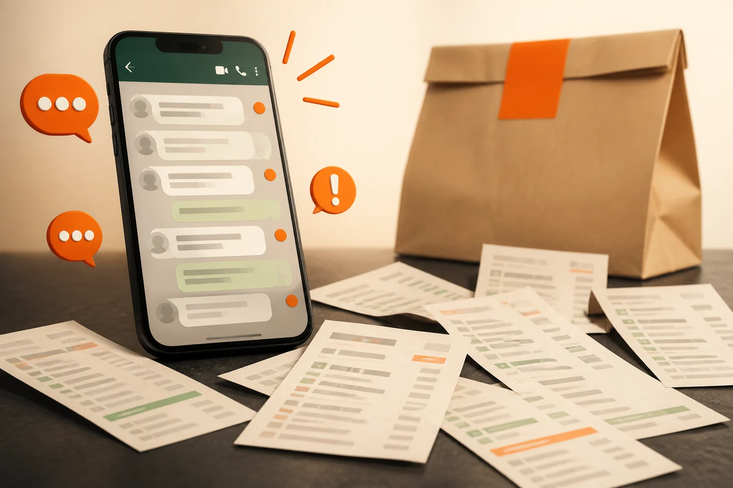 Celular cercado por notificações e comandas de pedidos desorganizadas