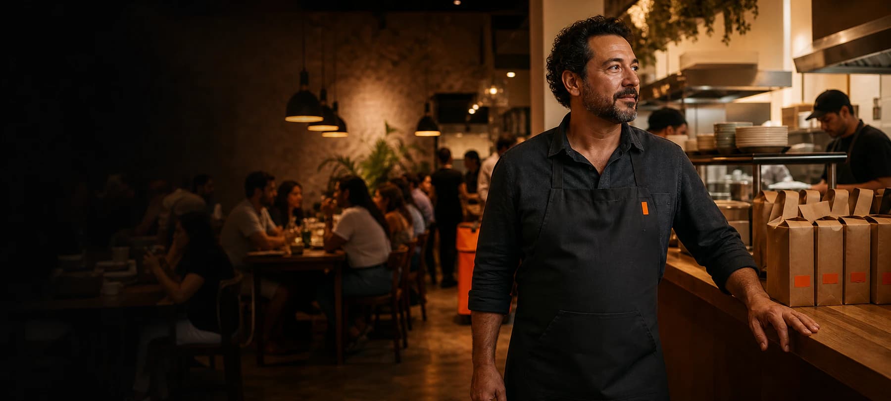Dono de restaurante acompanhando uma operação movimentada com clientes e pedidos de delivery