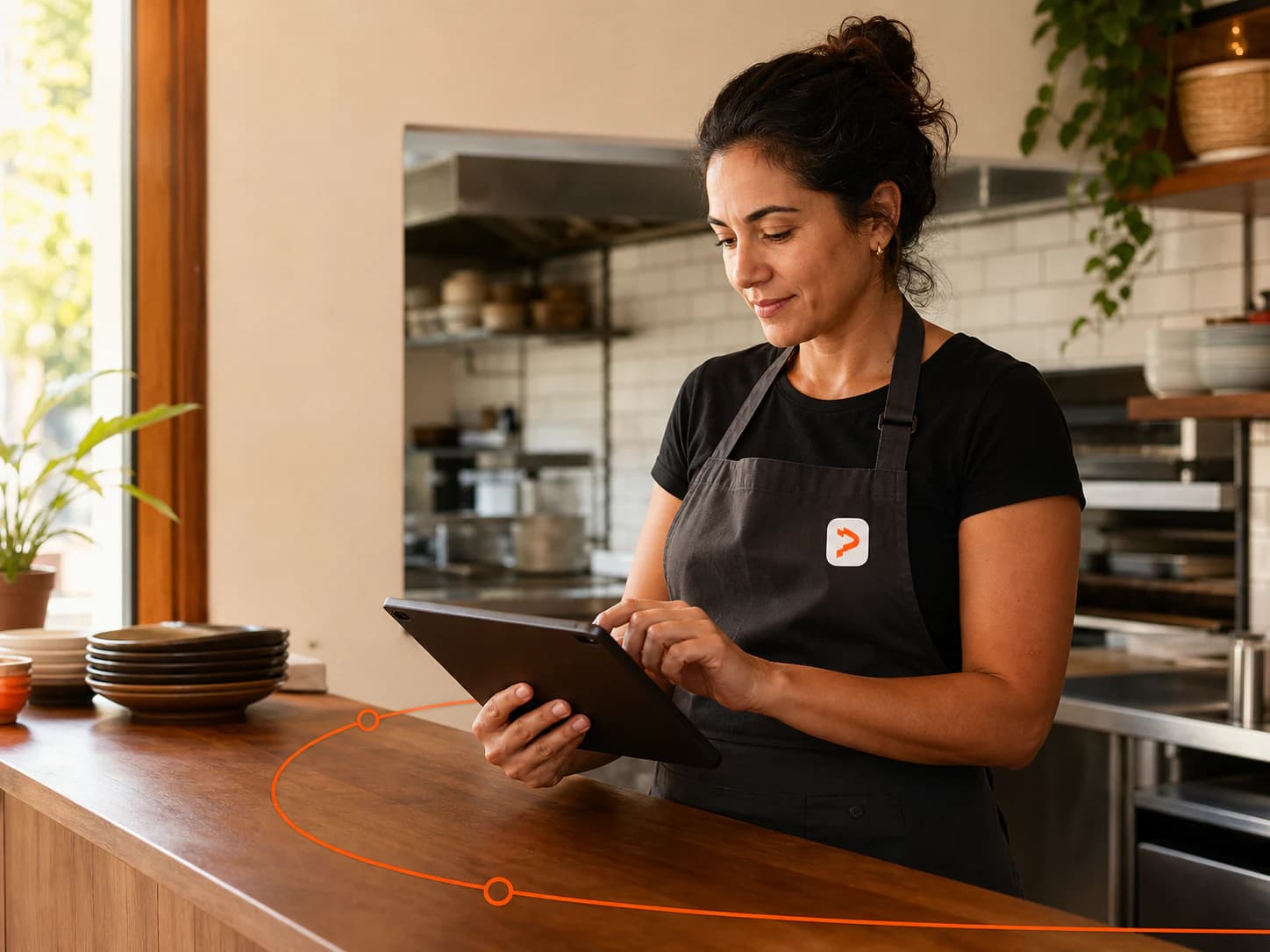 Dona de restaurante configurando sua operação no tablet com a identidade visual do Pedito